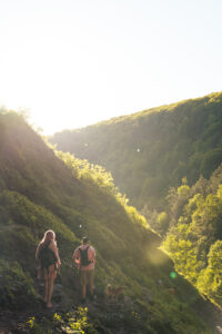 A woman and man eloping in the lush green mountains of catskills new york