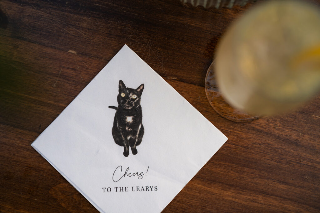 a cocktail napkin with an illustration of a cat