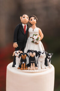 a wedding cake topper with molded figurines of the bride, groom and their five dogs