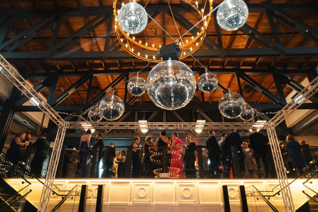 wedding reception space with disco balls