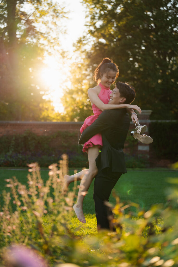 A romantic autumn proposal at Old Westbury Gardens in Old Westbury, New York, featuring a surprise family reveal, golden hour portraits, and a joyful engagement celebration