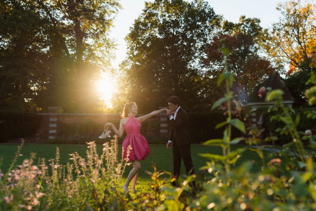 A romantic autumn proposal at Old Westbury Gardens in Old Westbury, New York, featuring a surprise family reveal, golden hour portraits, and a joyful engagement celebration
