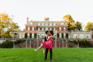 A romantic autumn proposal at Old Westbury Gardens in Old Westbury, New York, featuring a surprise family reveal, golden hour portraits, and a joyful engagement celebration
