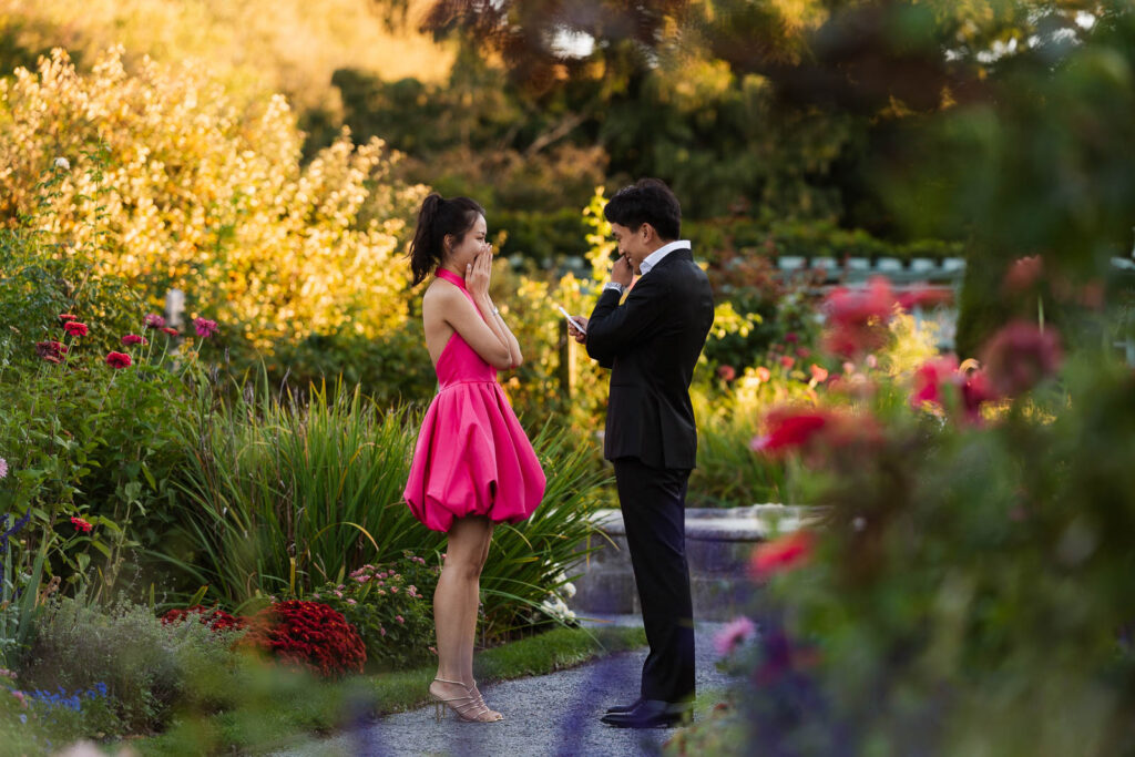 A romantic autumn proposal at Old Westbury Gardens in Old Westbury, New York, featuring a surprise family reveal, golden hour portraits, and a joyful engagement celebration