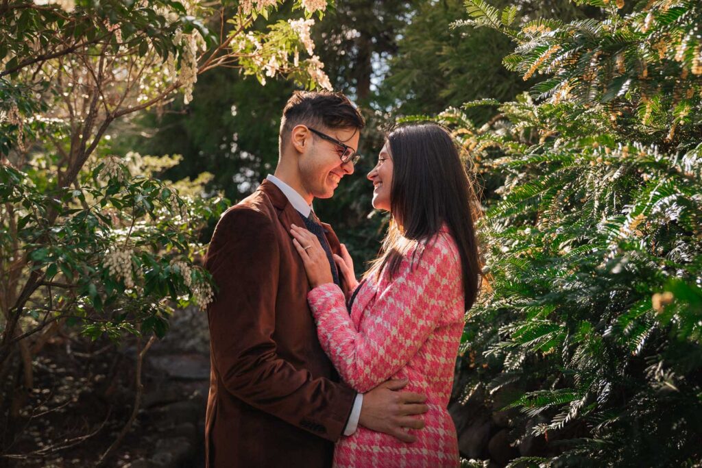 A proposal during cherry blossom season at Brooklyn Botanic Gardens.
