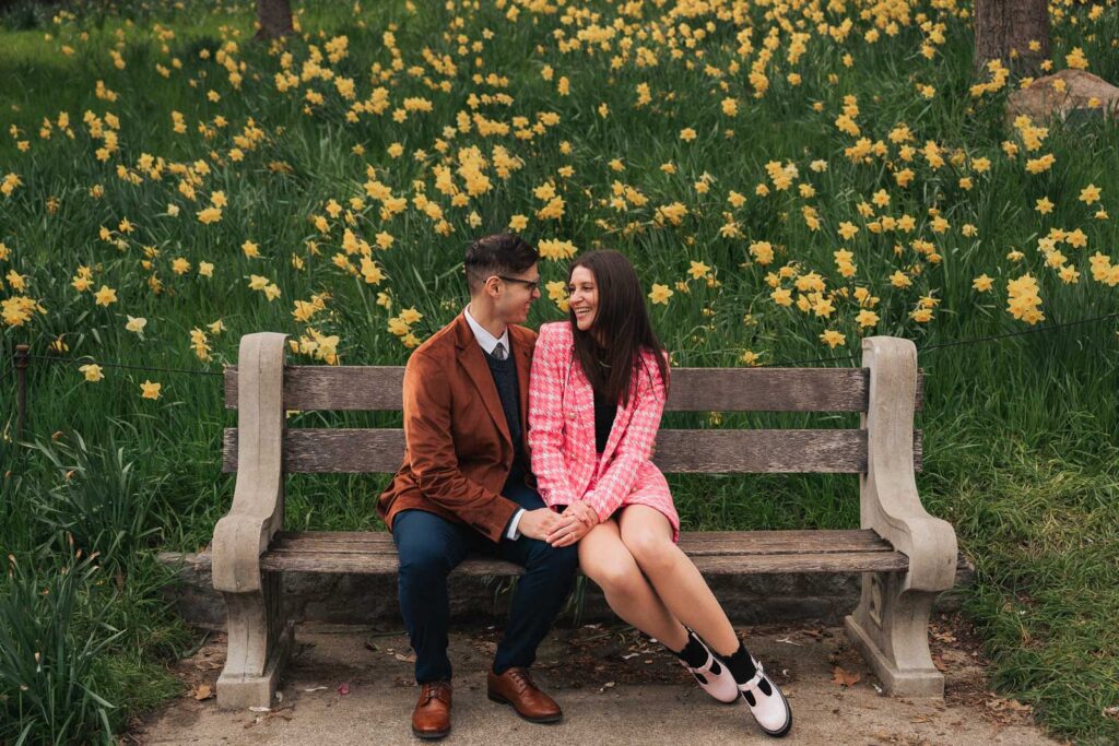 A proposal during cherry blossom season at Brooklyn Botanic Gardens.