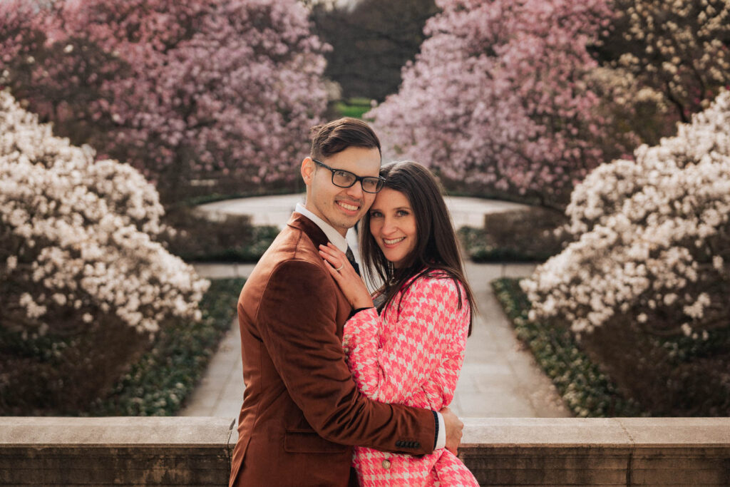 A proposal during cherry blossom season at Brooklyn Botanic Gardens.
