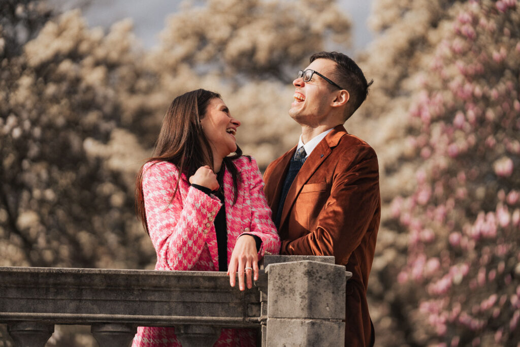 A proposal during cherry blossom season at Brooklyn Botanic Gardens.
