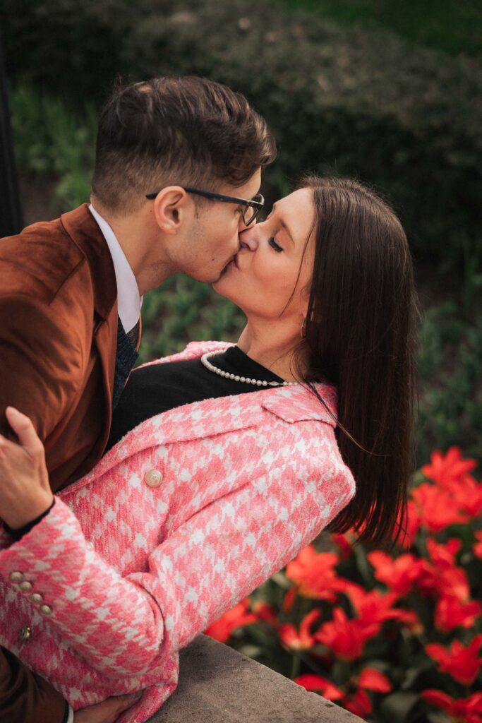 A proposal during cherry blossom season at Brooklyn Botanic Gardens.