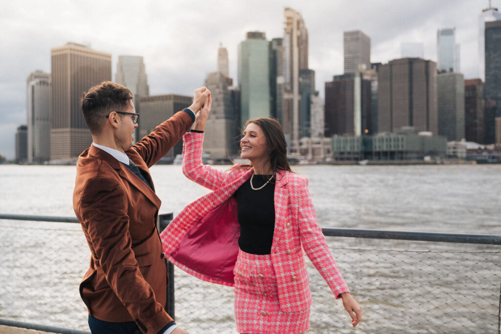 A proposal during cherry blossom season at Brooklyn Botanic Gardens.