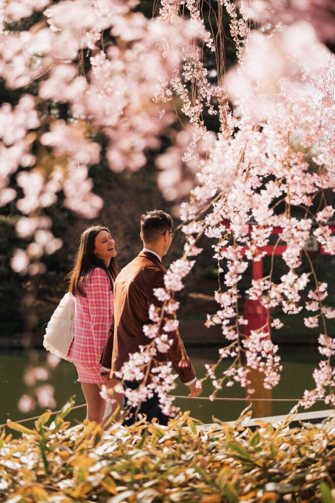 A proposal during cherry blossom season at Brooklyn Botanic Gardens.