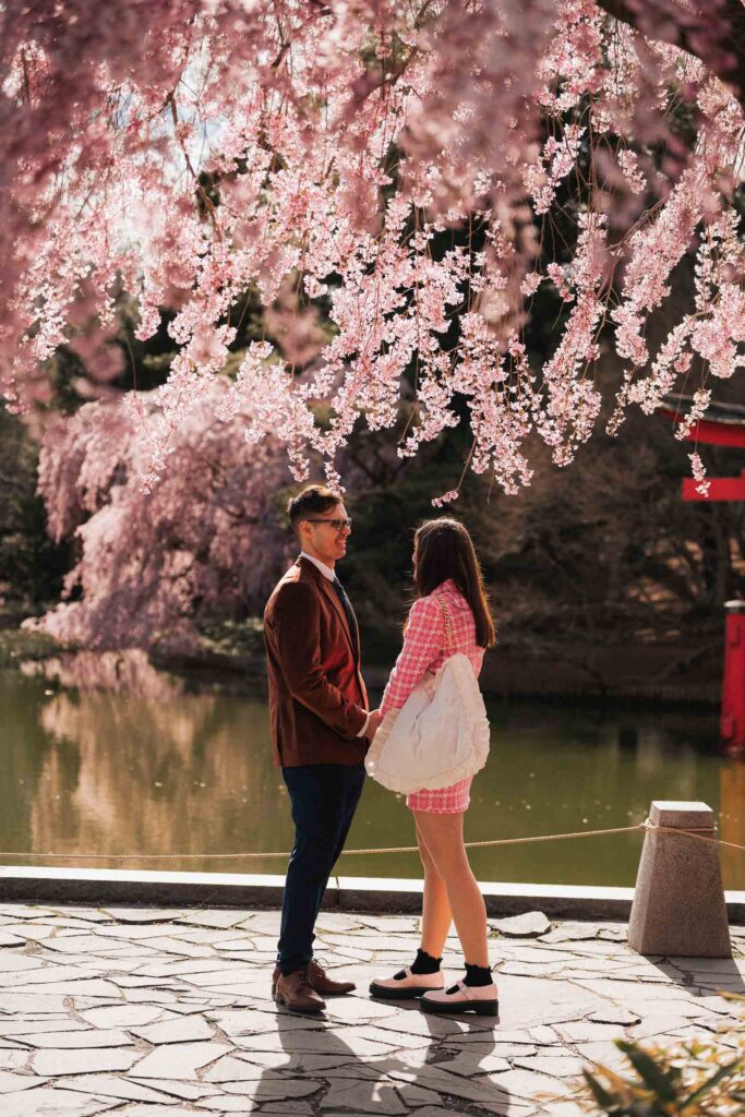 A proposal during cherry blossom season at Brooklyn Botanic Gardens.