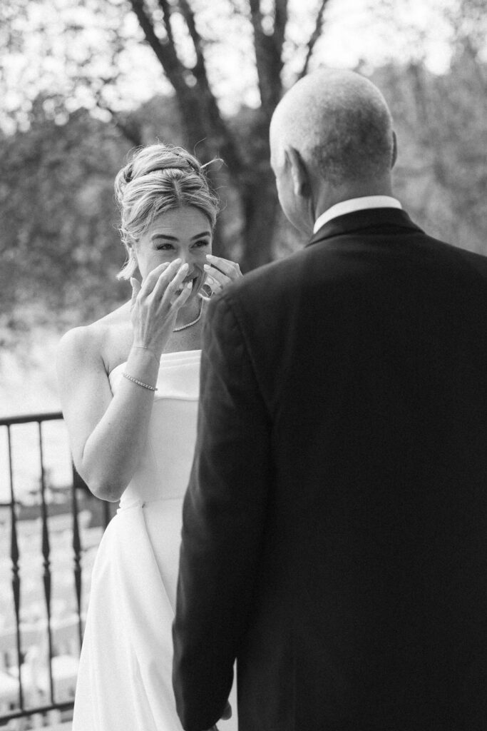 Romantic wedding portraits of bride and groom with vintage car in Franklin Lakes, New Jersey.