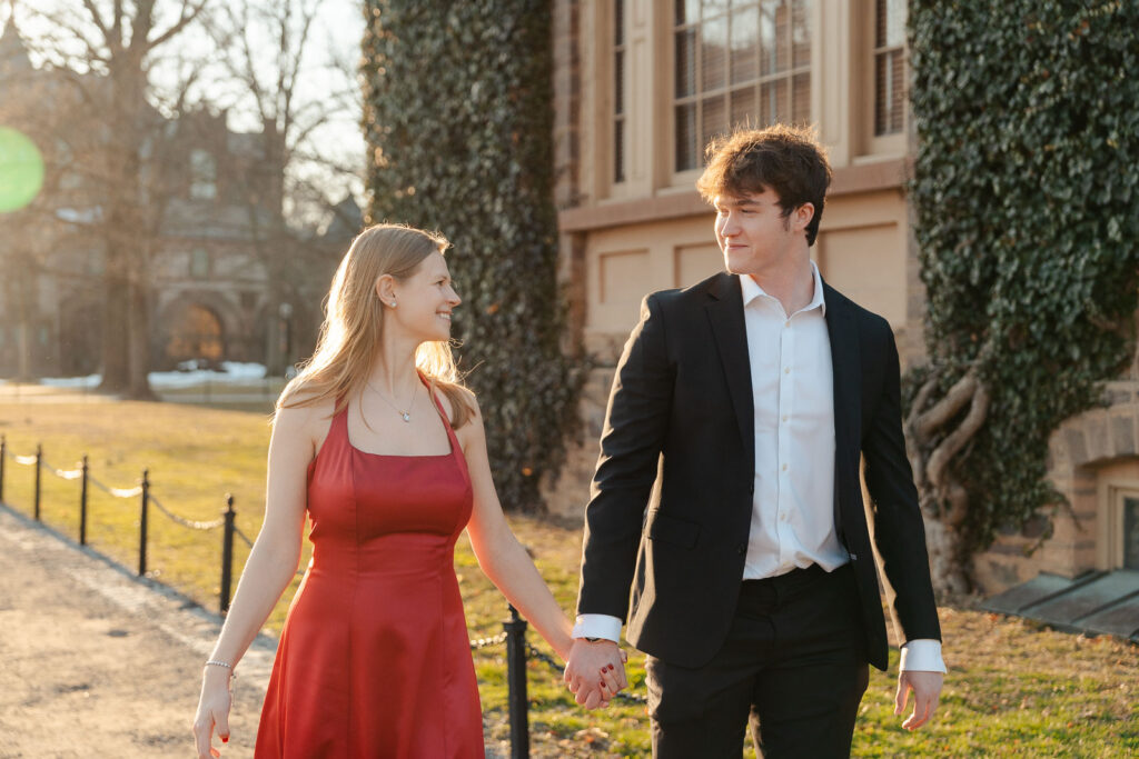 An engaged couple gets their engagement photos done at Princeton university.