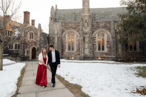 An engaged couple gets their engagement photos done at Princeton university. 
