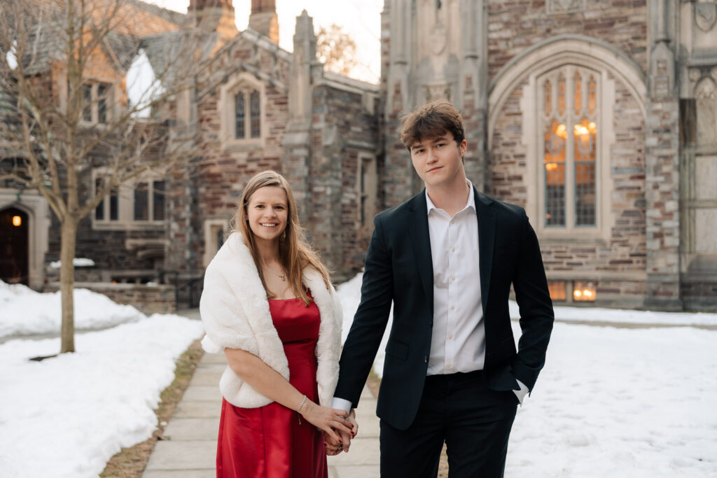An engaged couple gets their engagement photos done at Princeton university.