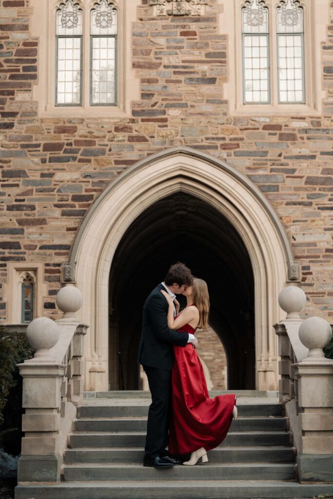 An engaged couple gets their engagement photos done at Princeton university.