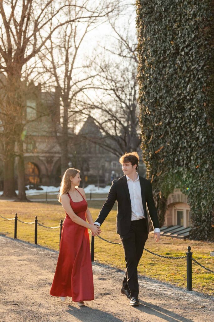 An engaged couple gets their engagement photos done at Princeton university.