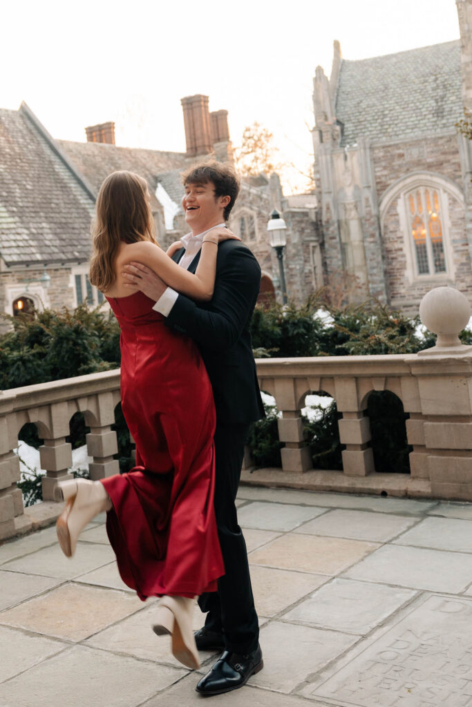 An engaged couple gets their engagement photos done at Princeton university.