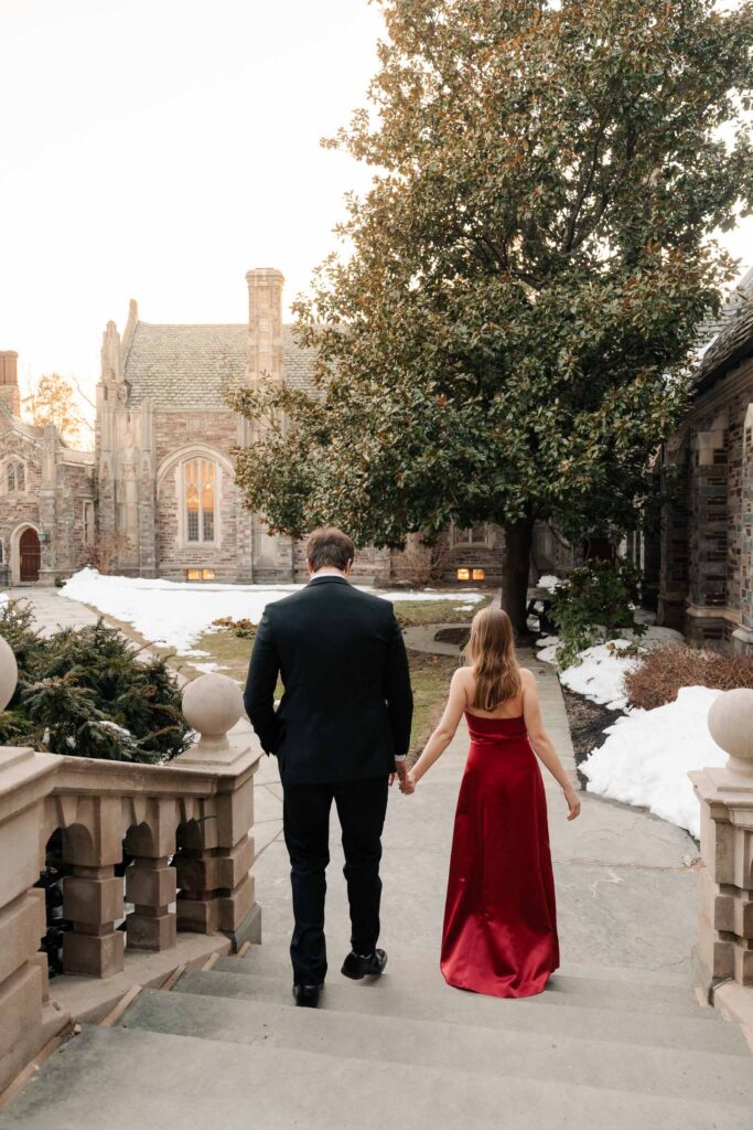 An engaged couple gets their engagement photos done at Princeton university.