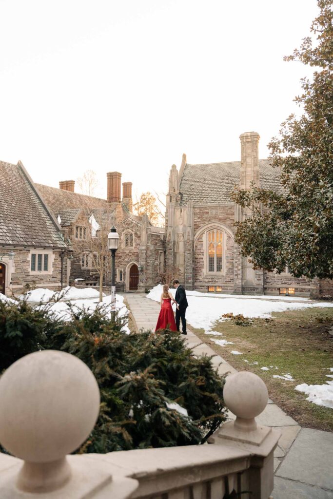 An engaged couple gets their engagement photos done at Princeton university.