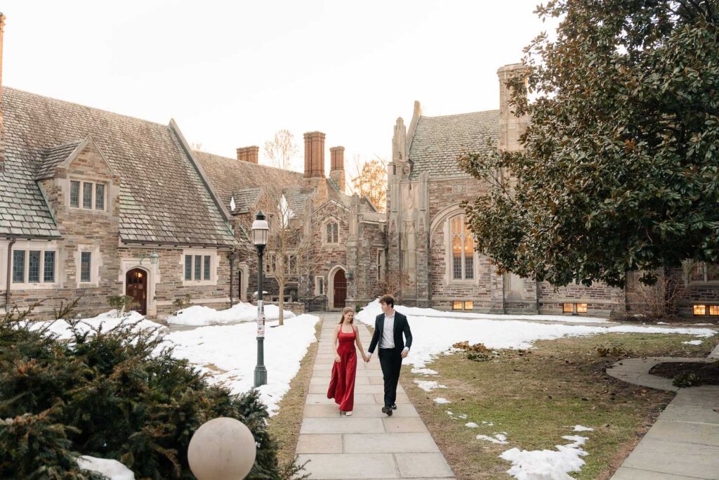 An engaged couple gets their engagement photos done at Princeton university.