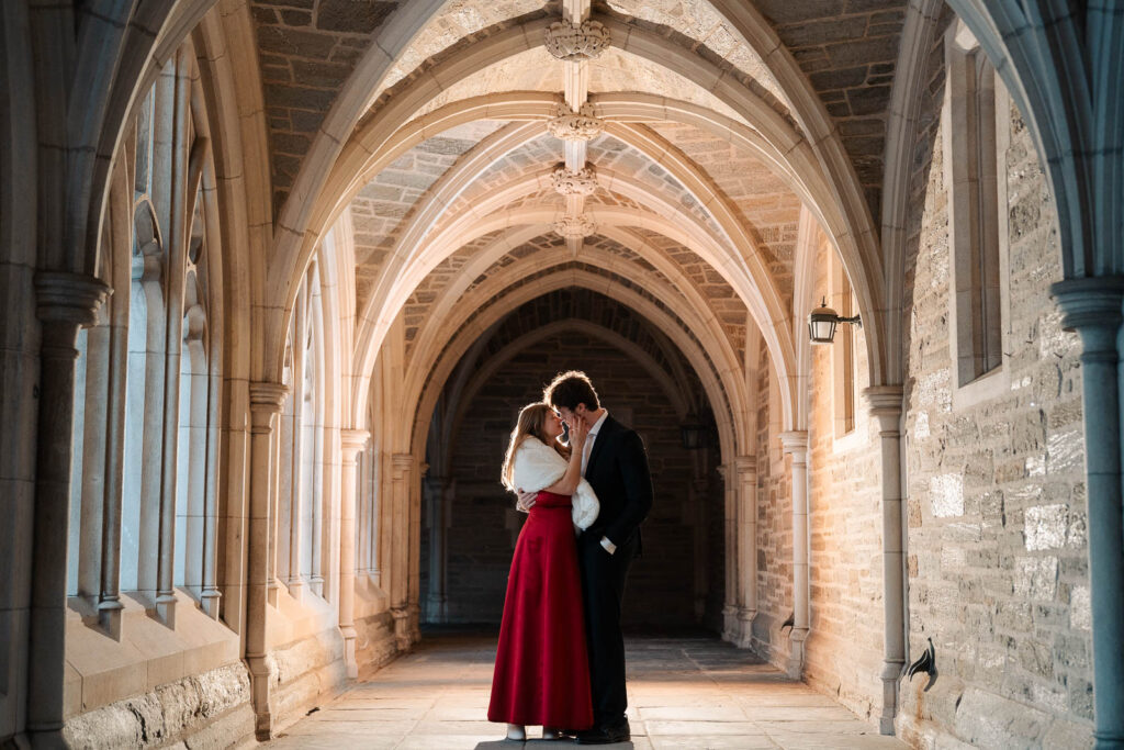 An engaged couple gets their engagement photos done at Princeton university.