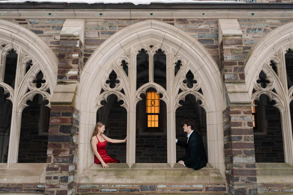 An engaged couple gets their engagement photos done at Princeton university.