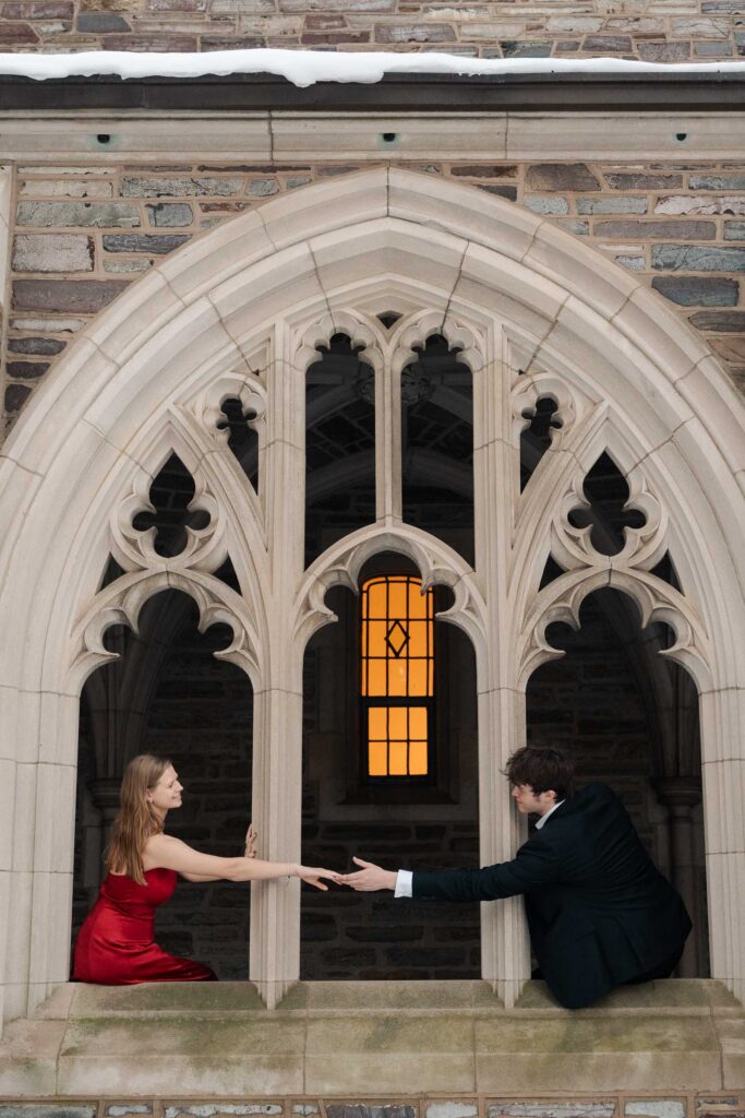 An engaged couple gets their engagement photos done at Princeton university.