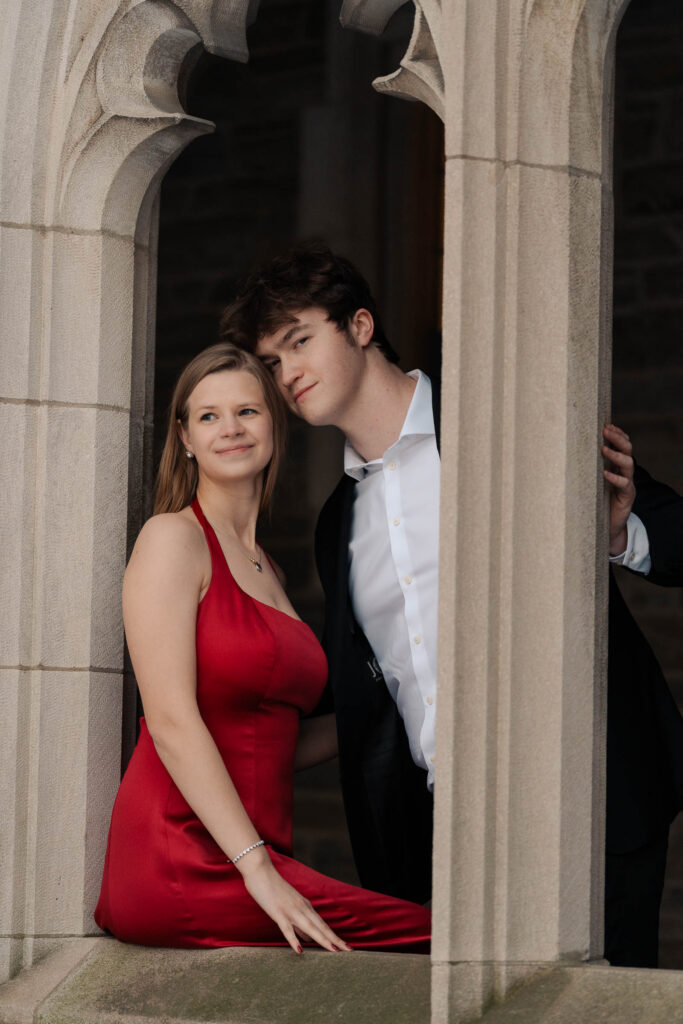 An engaged couple gets their engagement photos done at Princeton university.