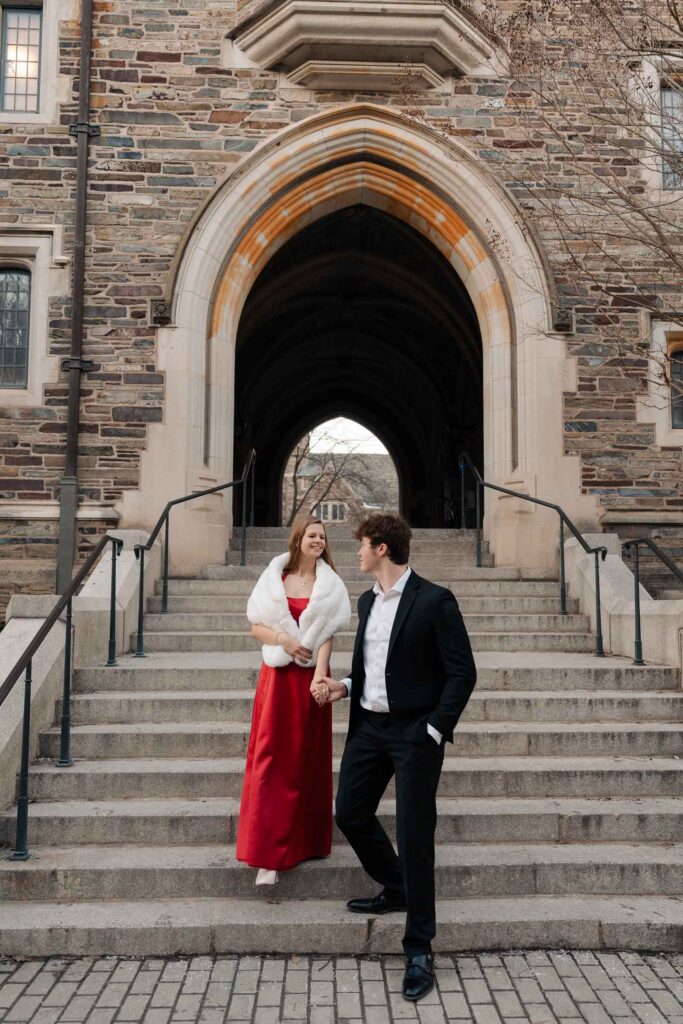 An engaged couple gets their engagement photos done at Princeton university.