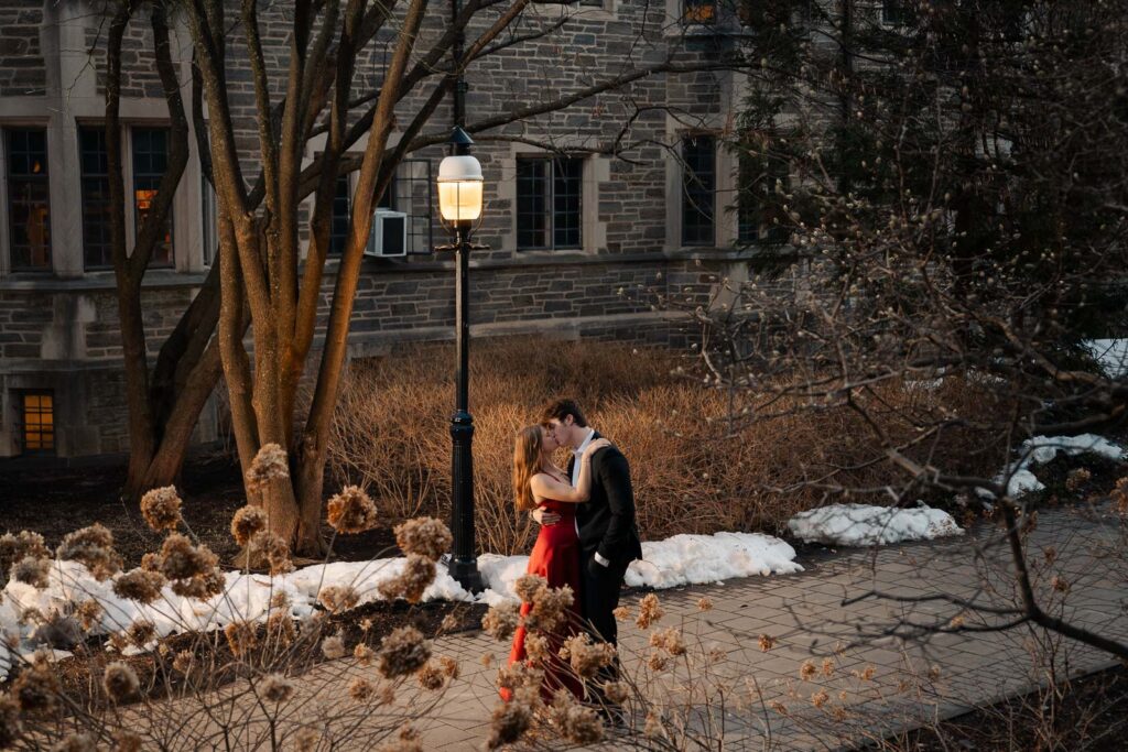 An engaged couple gets their engagement photos done at Princeton university.