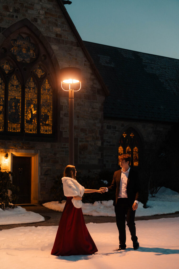 An engaged couple gets their engagement photos done at Princeton university.