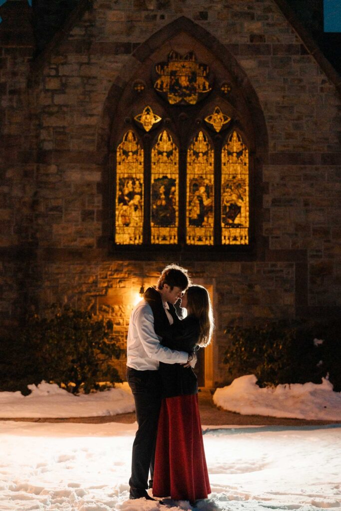 An engaged couple gets their engagement photos done at Princeton university.