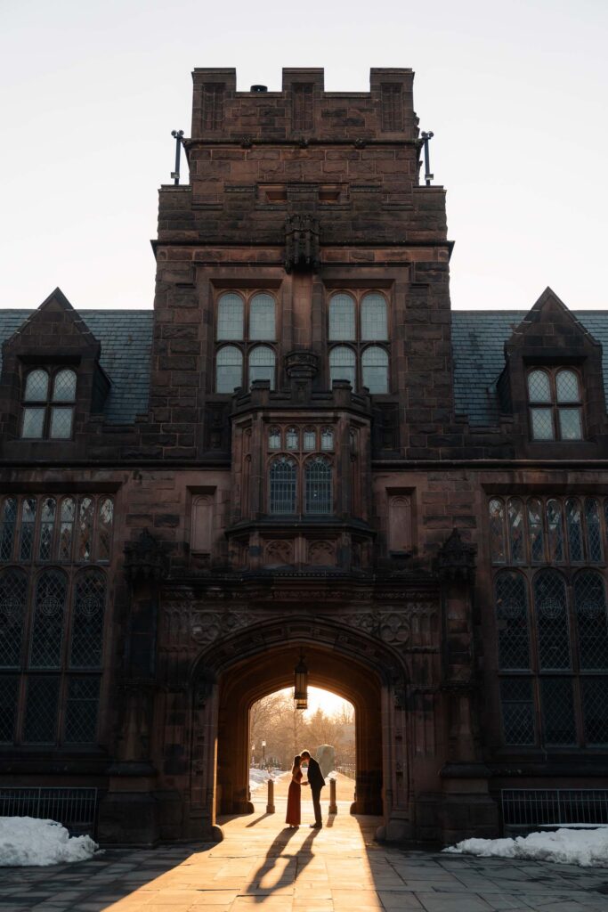 An engaged couple gets their engagement photos done at Princeton university.