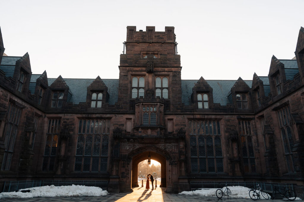 An engaged couple gets their engagement photos done at Princeton university.
