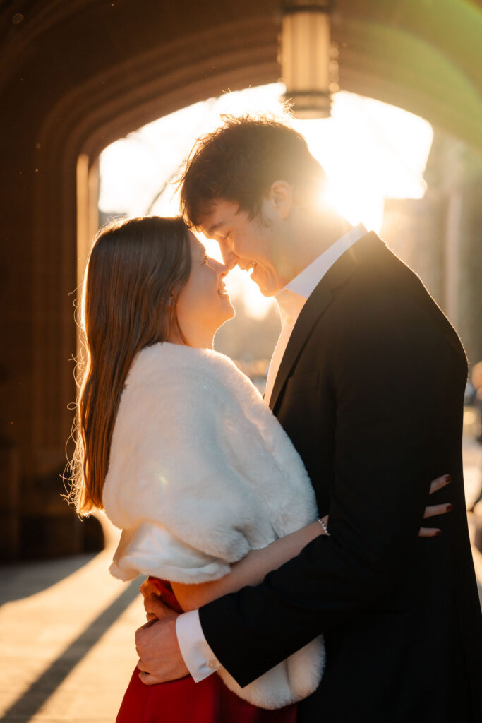 An engaged couple gets their engagement photos done at Princeton university.