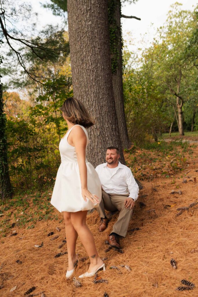 A vintage-inspired late autumn engagement session at Skylands Manor and the New Jersey Botanical Gardens in Ringwood, NJ, featuring fall foliage, classic outfits, and romantic garden portraits.