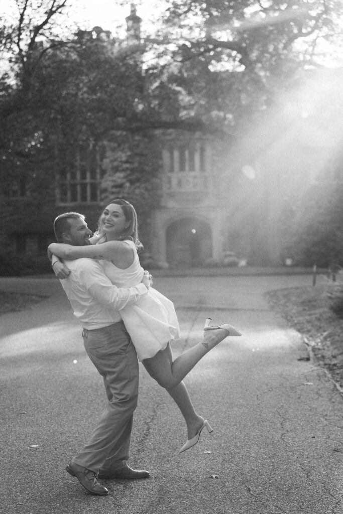 A vintage-inspired late autumn engagement session at Skylands Manor and the New Jersey Botanical Gardens in Ringwood, NJ, featuring fall foliage, classic outfits, and romantic garden portraits.